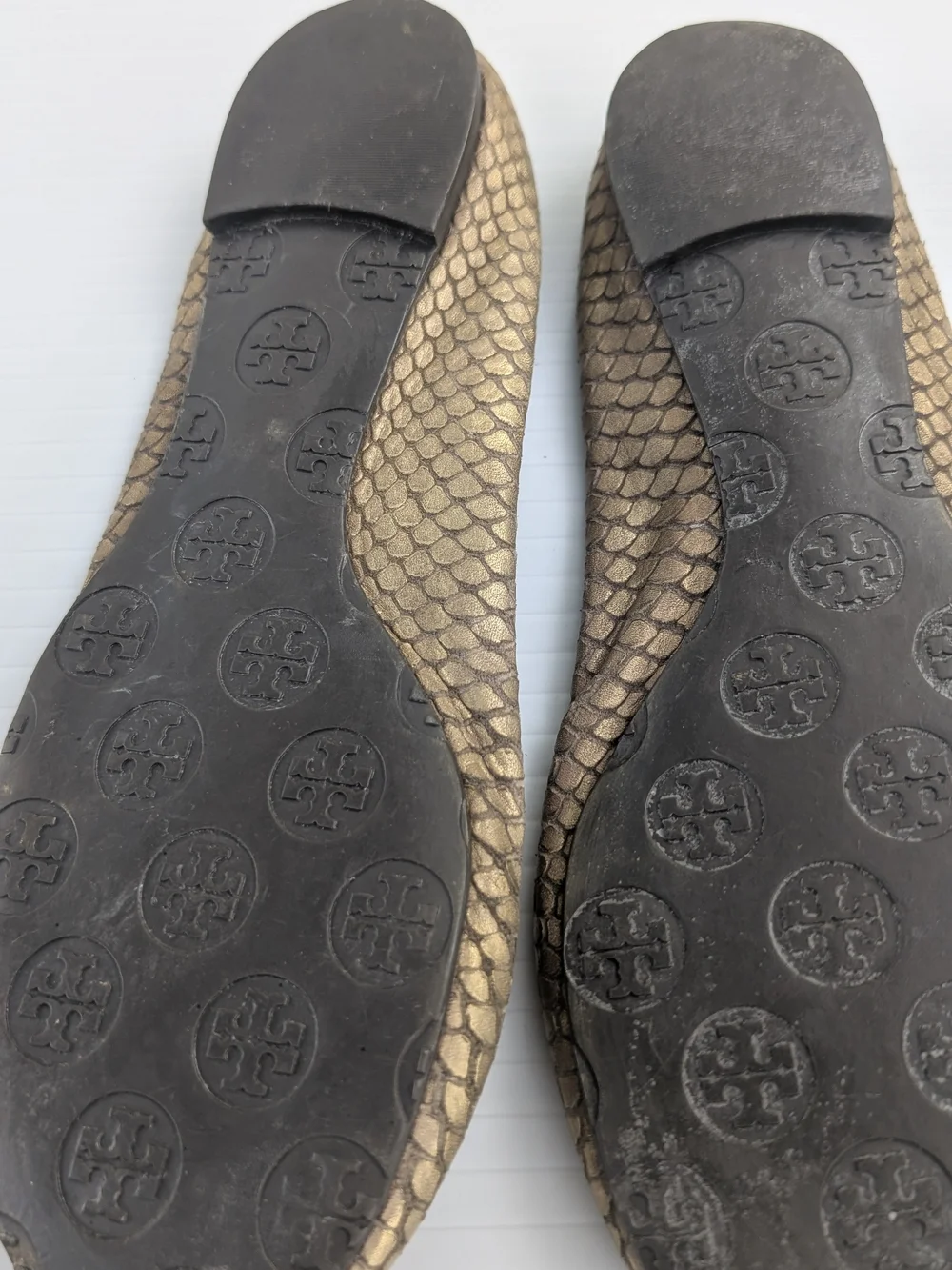 Tory Burch Reva Metallic Bronze Snake-Embossed Ballet Flats with Logo